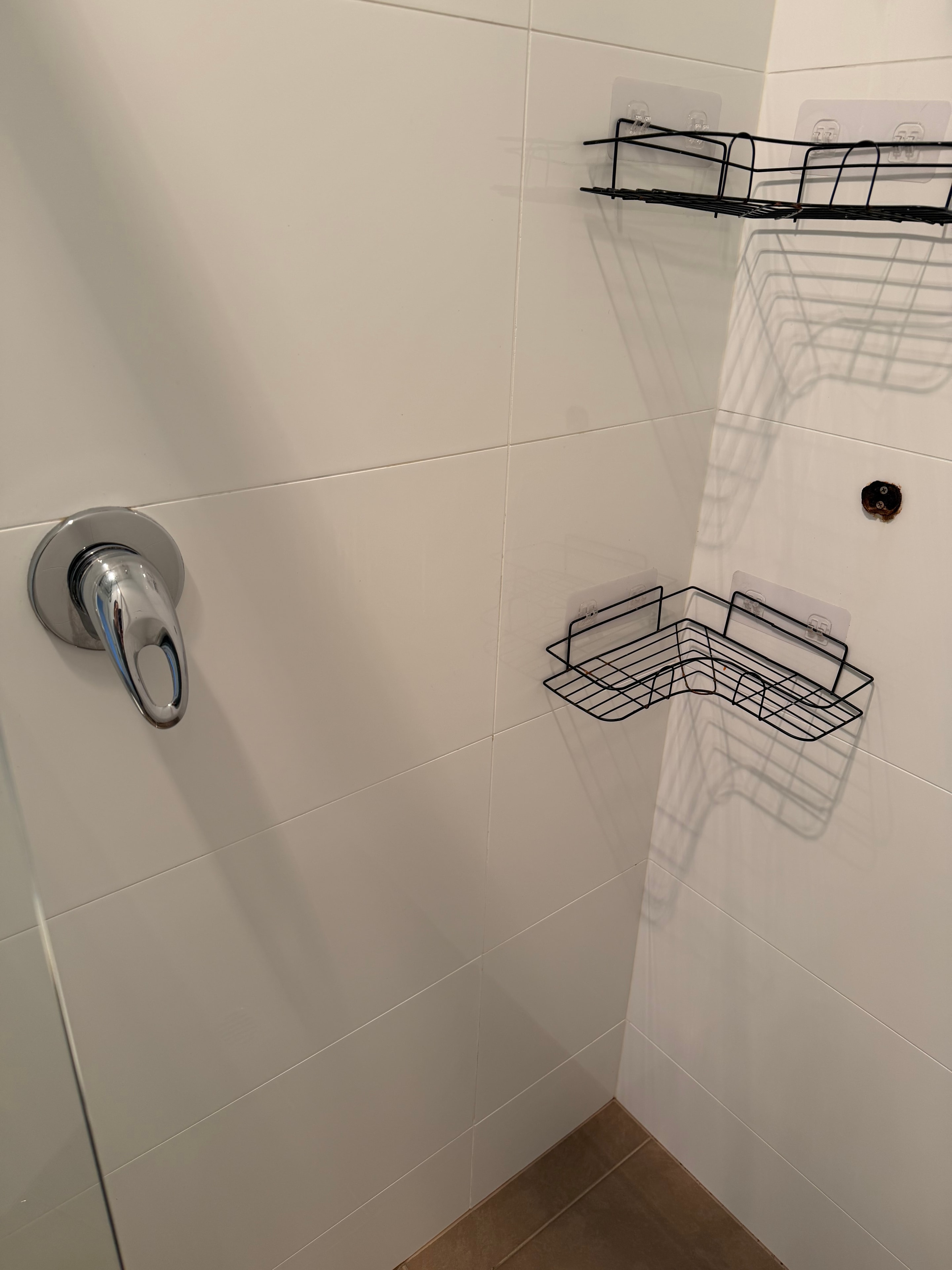 Shower tiles after cleaning — bright white grout, spotless finish